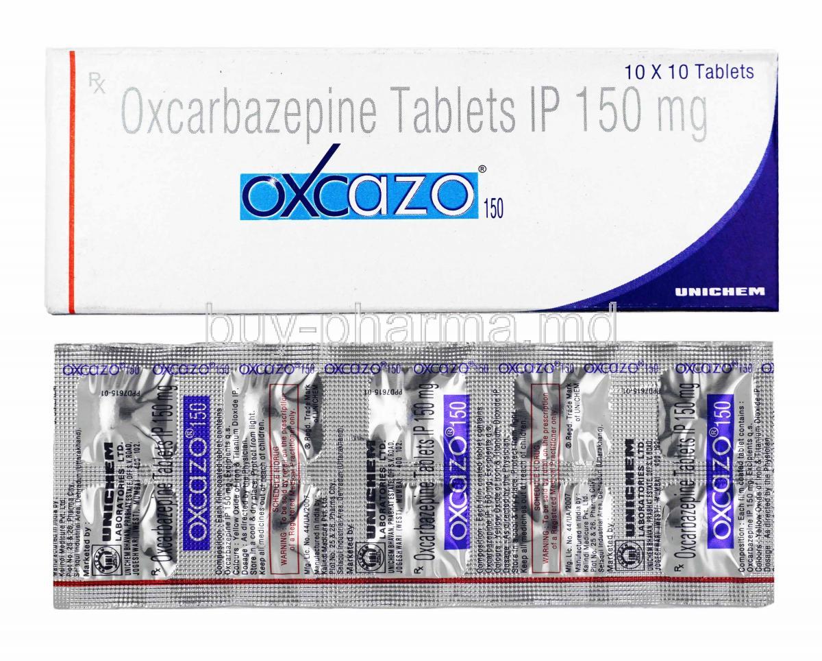 Oxcazo, Oxcarbazepine 150mg box and tablets
