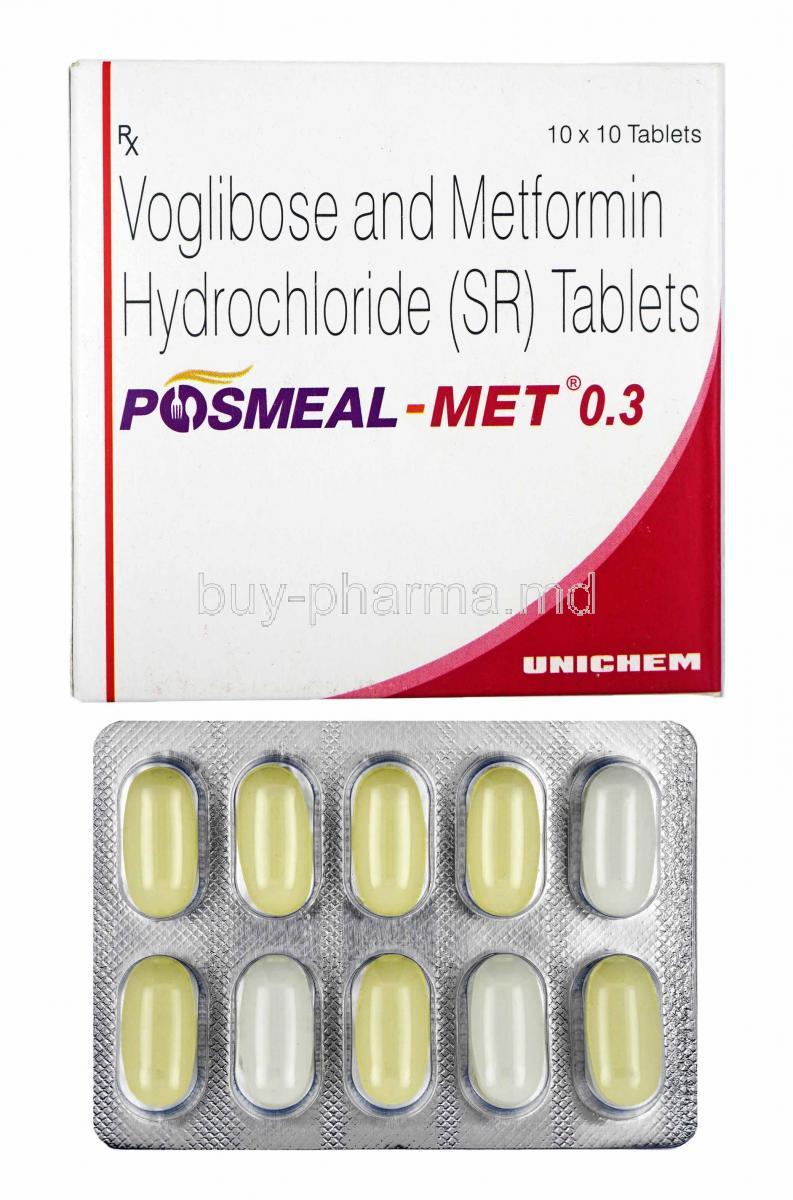 Posmeal-Met, Metformin and Voglibose 0.3mg box and tablets