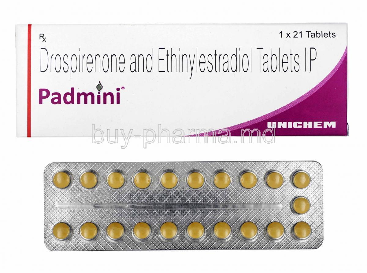 Padmini, Ethinyl Estradiol and Drospirenone box and tablets