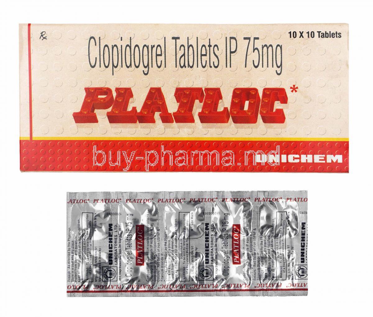 Platloc, Clopidogrel 75mg box and tablets