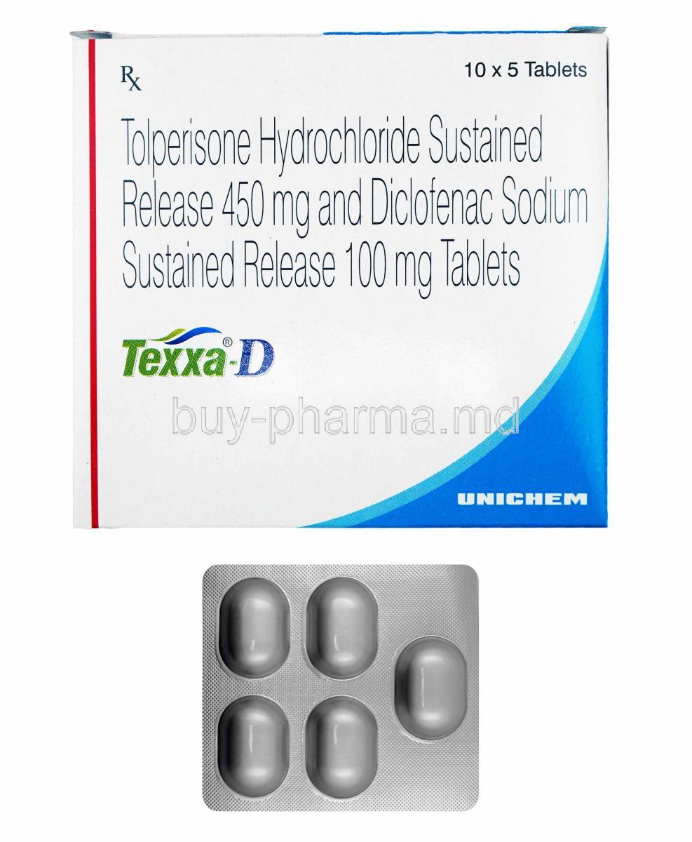 Texxa D, Tolperisone and Diclofenac box and tablets