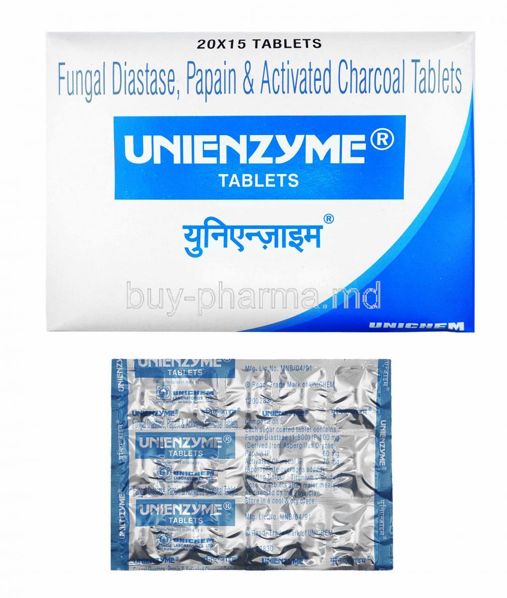 Unienzyme, Fungal Diastase. Papain and Activated Chacoal box and tablets