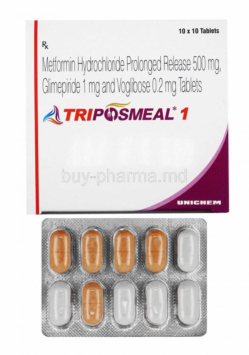 Triposmeal, Glimepiride 1mg, Metformin and Voglibose box and tablets