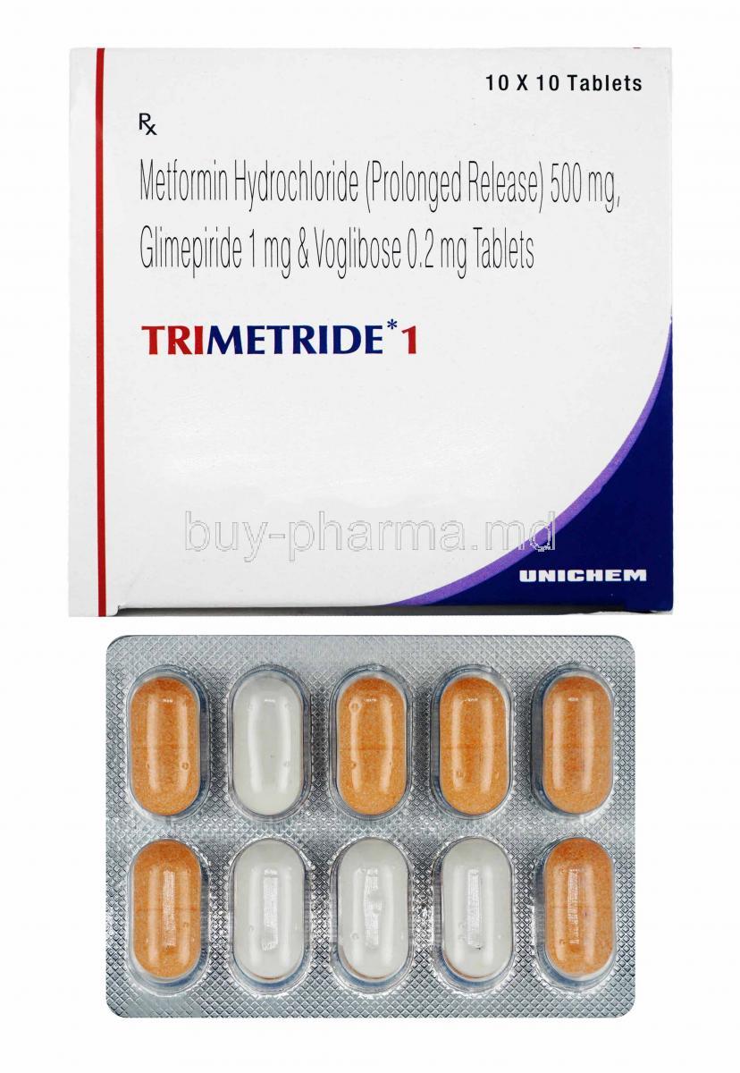 Trimetride, Glimepiride 1mg, Metformin and Voglibose box and tablets