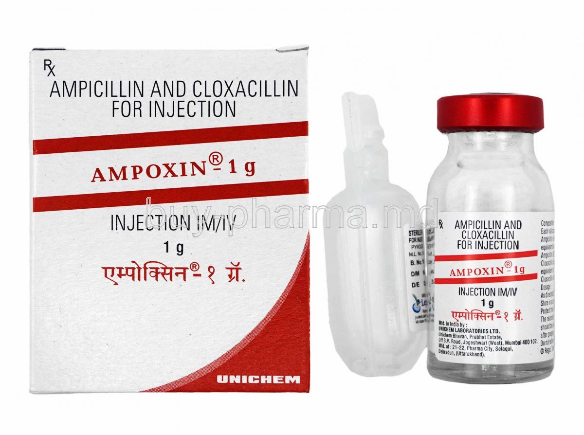 Ampoxin Injection, Ampicillin and Cloxacillin 1g box and vial