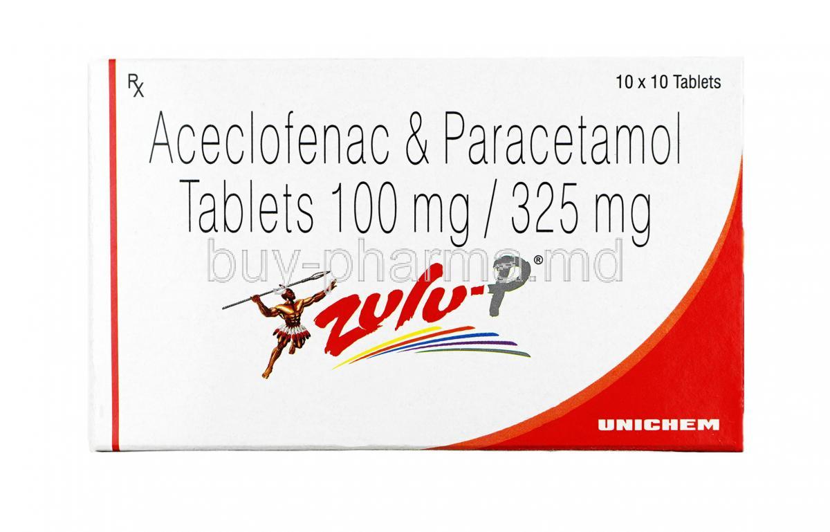 Zulu P,  Aceclofenac (100mg) + Paracetamol  (325mg),box
