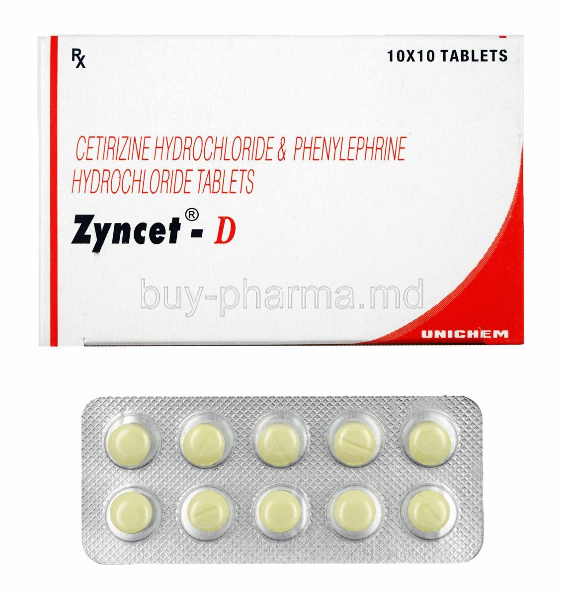 Zyncet-D, Cetirizine and Phenylephrine box and tablets
