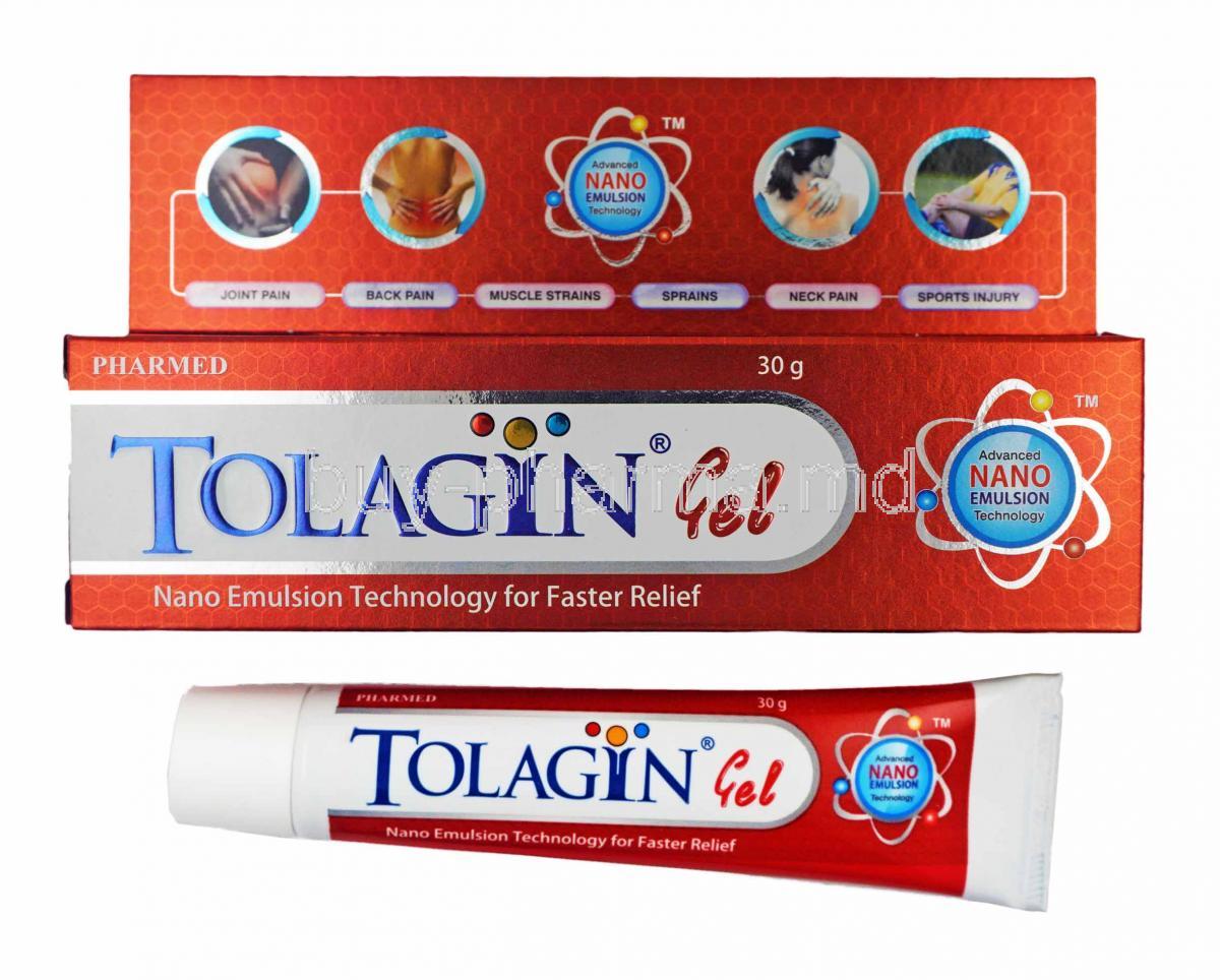 Tolagin Gel, Dicrofenac Sodium, Methyl Salicylate, Menthol and Absolute Alcohol box and tube
