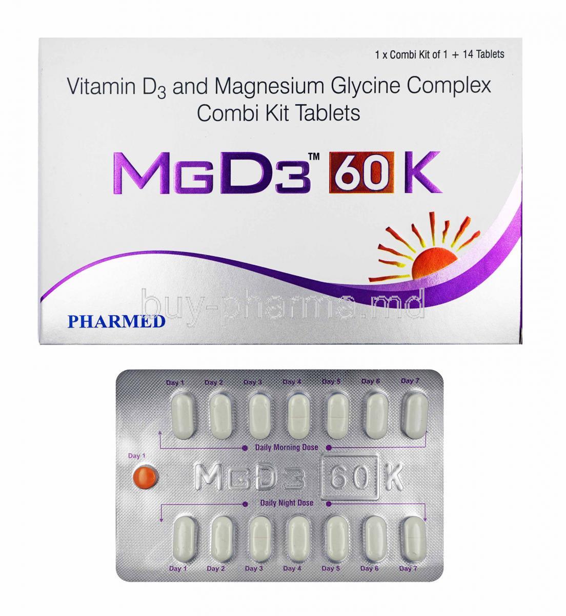 MGD3 60K Combi Kit, Vitamin D3 and Magnesium box and tablets