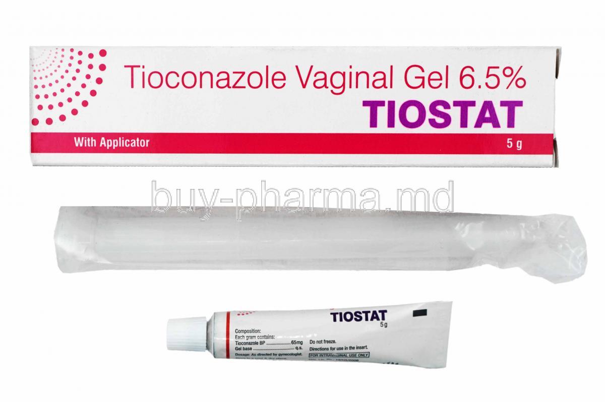 Tiostat Vaginal Gel, Tioconazole box, applicator and tube
