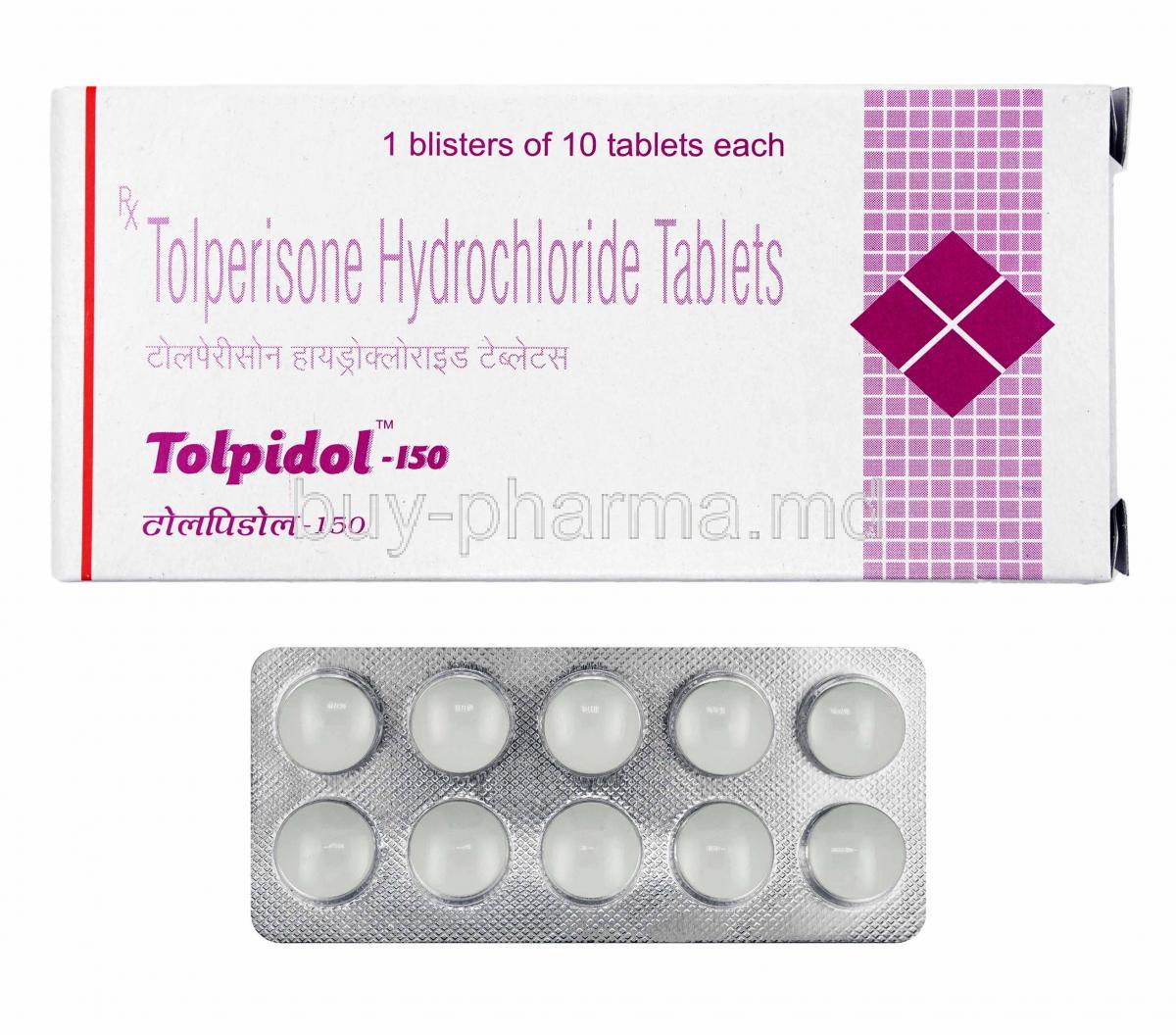 Tolpidol, Tolperisone 150mg box and tablets