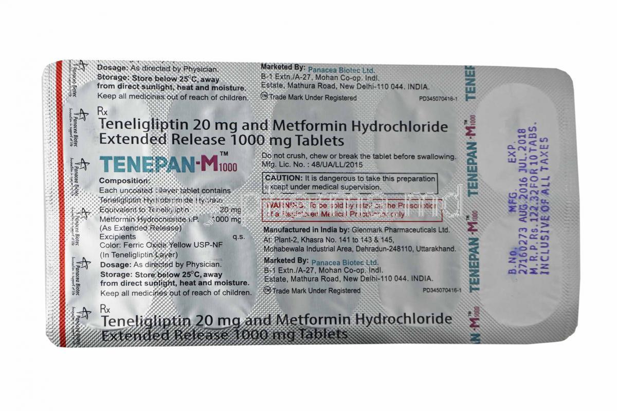 Tenepan-M, Metformin 1000mg and Teneligliptin 20mg tablets