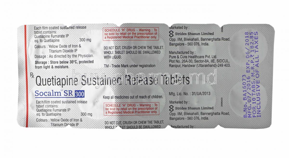 Socalm SR, Quetiapine 300mg tablets back