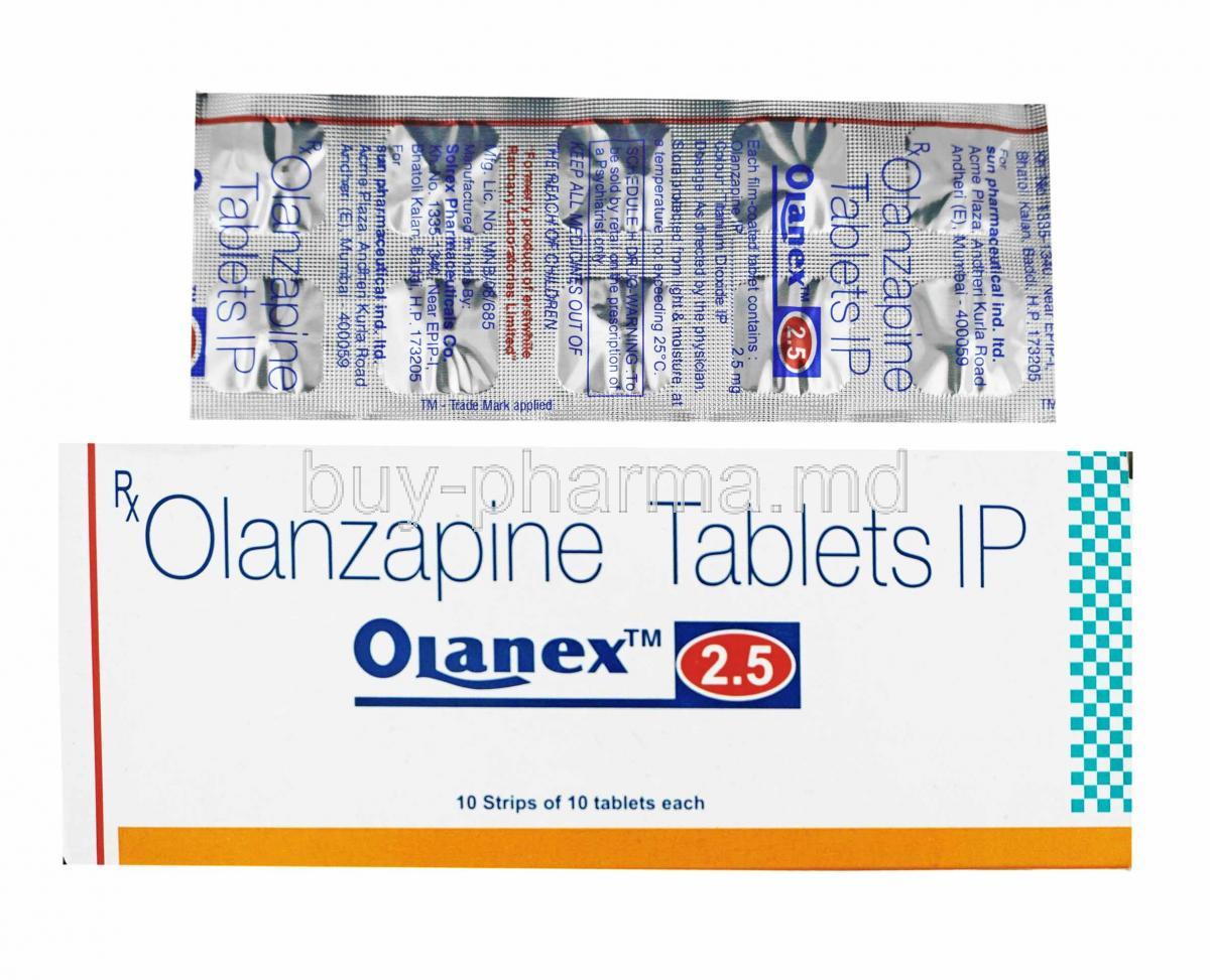 Olanex, Olanzapine 2.5mg box and tablets