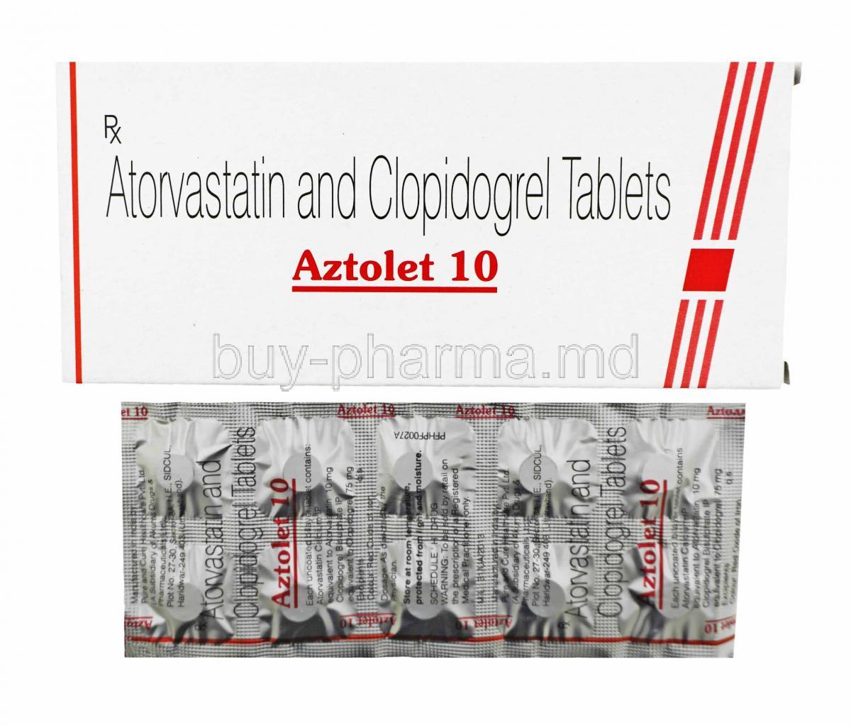 Aztolet, Atorvastatin and Clopidogrel box and tablets