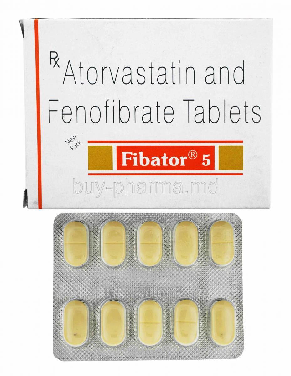 Fibator, Atorvastatin 5mg and Fenofibrate 145mg box and tablets