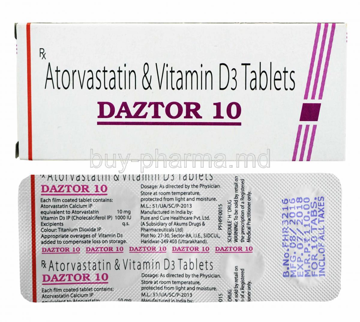 Daztor, Atorvastatin 10mg and Vitamin D3 1000IU box and tablets