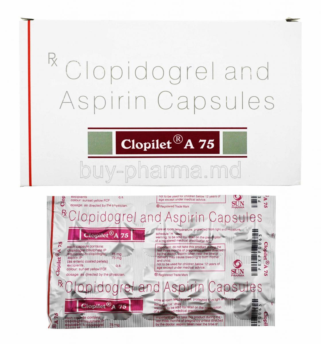 Clopilet A, Aspirin 75mg and Clopidogrel 75mg box and capsules