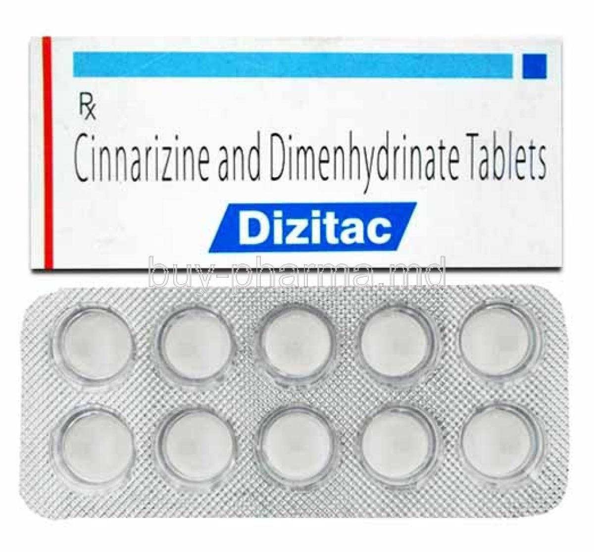 Dizitac, Cinnarizine and Dimenhydrinate box and tablets