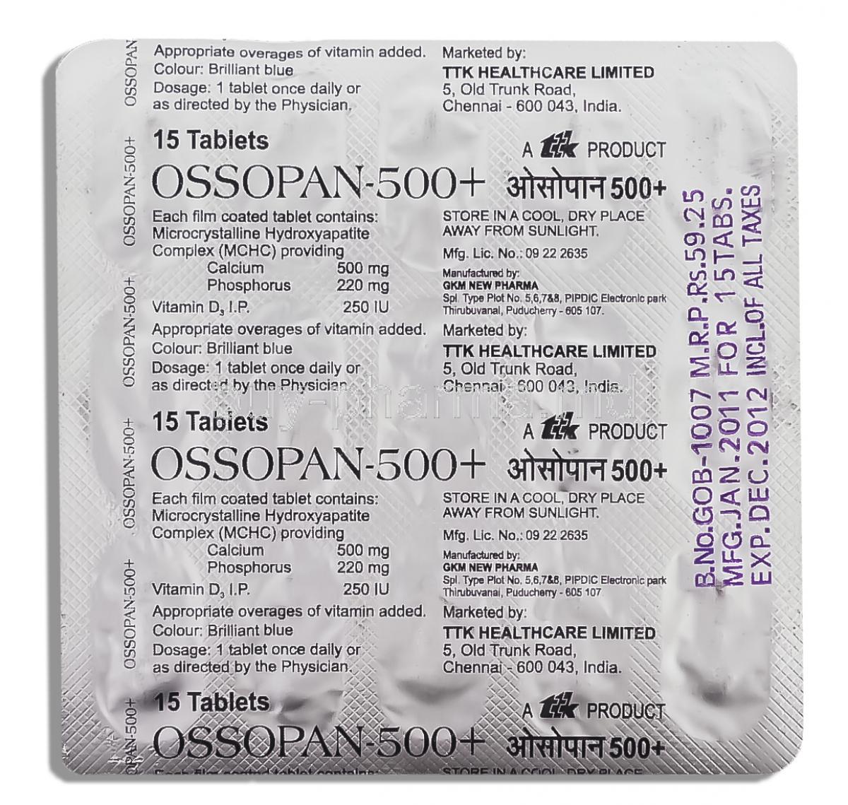 Ossopan,  Vitamin D3 500 Mg Tablet (T.t.k Pharma)