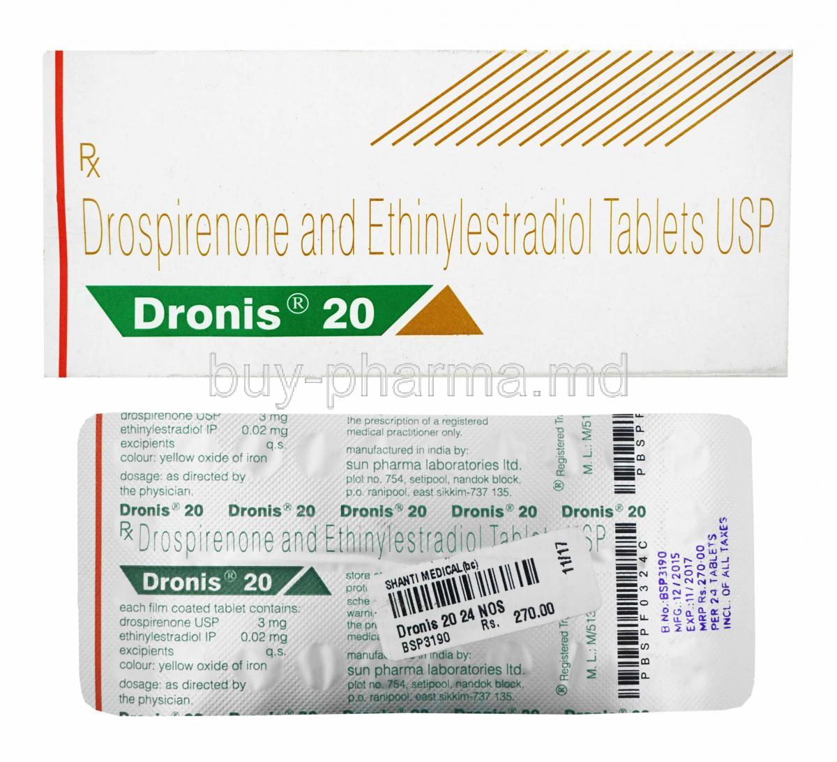 Dronis, Ethinyl Estradiol 0.03mg and Drospirenone 3mg box and tablets