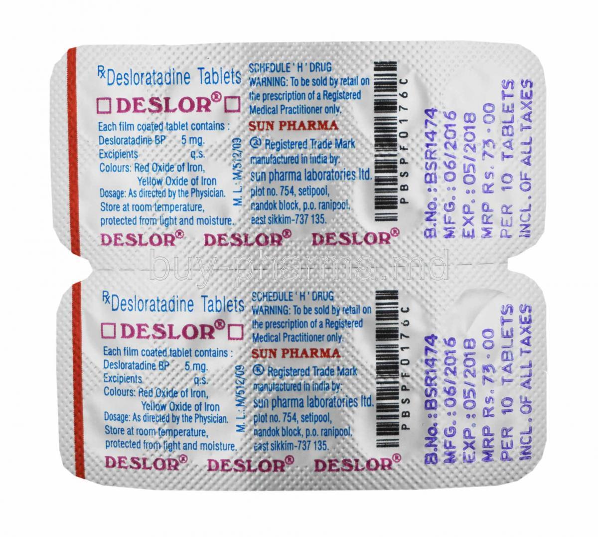 Deslor, Desloratadine 5mg tablets back