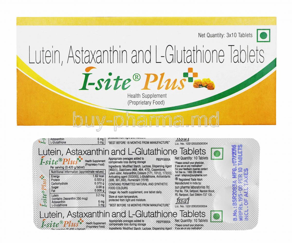 I-Site Plus, Lutein, Astaxianthin and L-Glutathione box and tablets