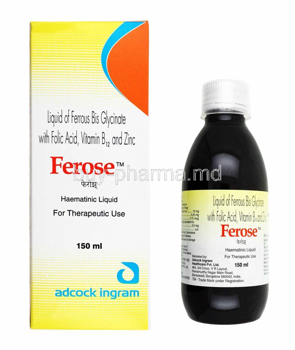 Buy Ferose Liquid, Iron/ Folic Acid/ Vitamin B12/ Zinc Online