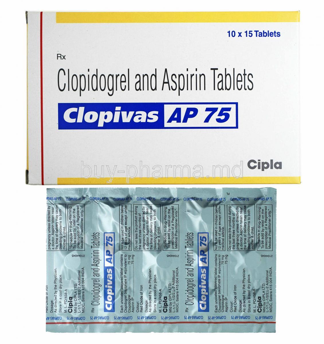 Clopivas AP, Aspirin 75mg and Clopidogrel 75mg box and tablets
