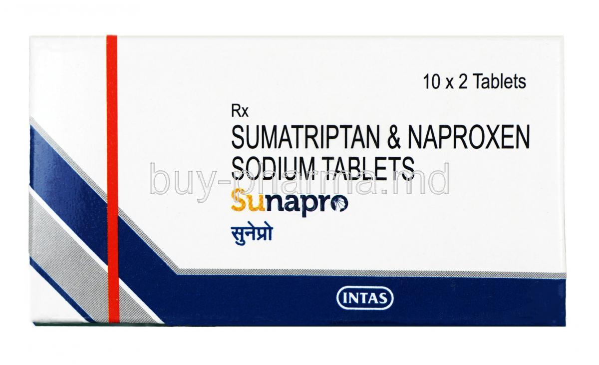Sunapro, Sumatriptan 85mg + Naproxen 500mg, Tablet, box