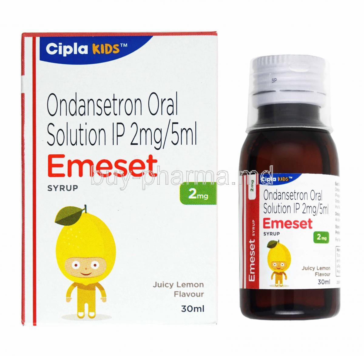 Emeset Syrup Lemon Flavour, Ondansetron box and bottle