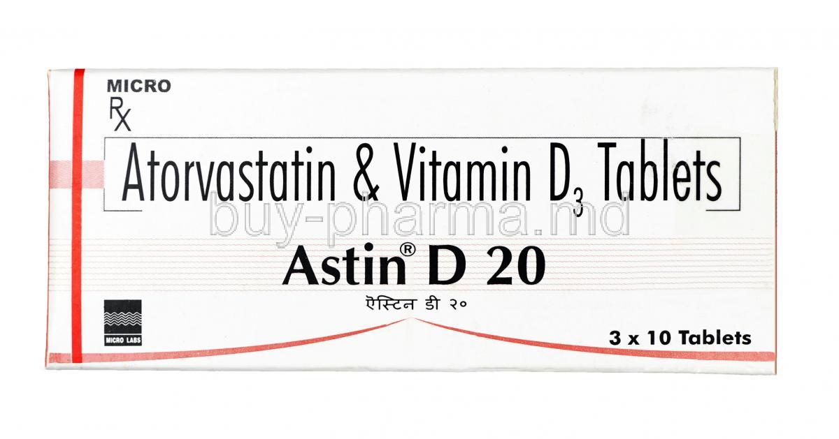 Astin D, Atorvastatin 20mg / Vitamin D3 1000IU, Tablet, box