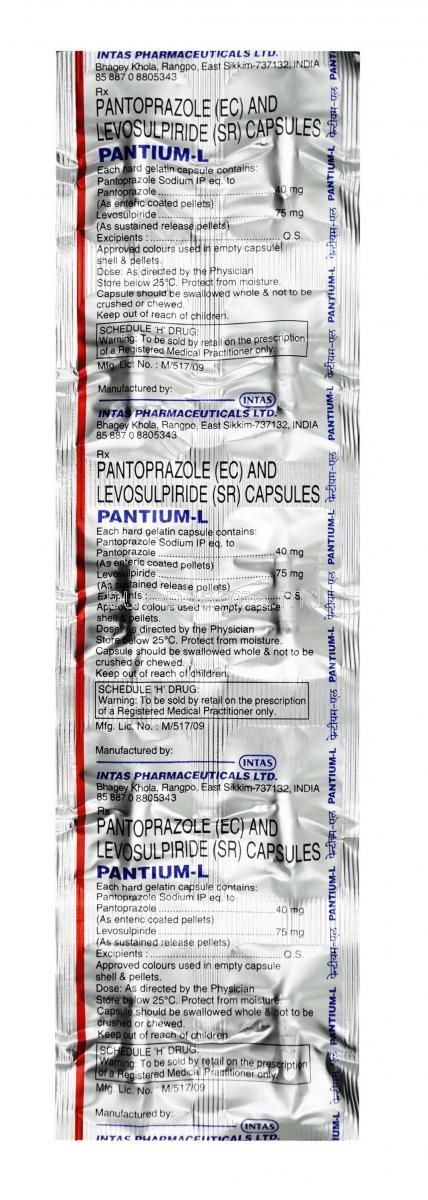 Pantium L, Levosulpiride 75mg / Pantoprazole 40mg, Capsule, sheet