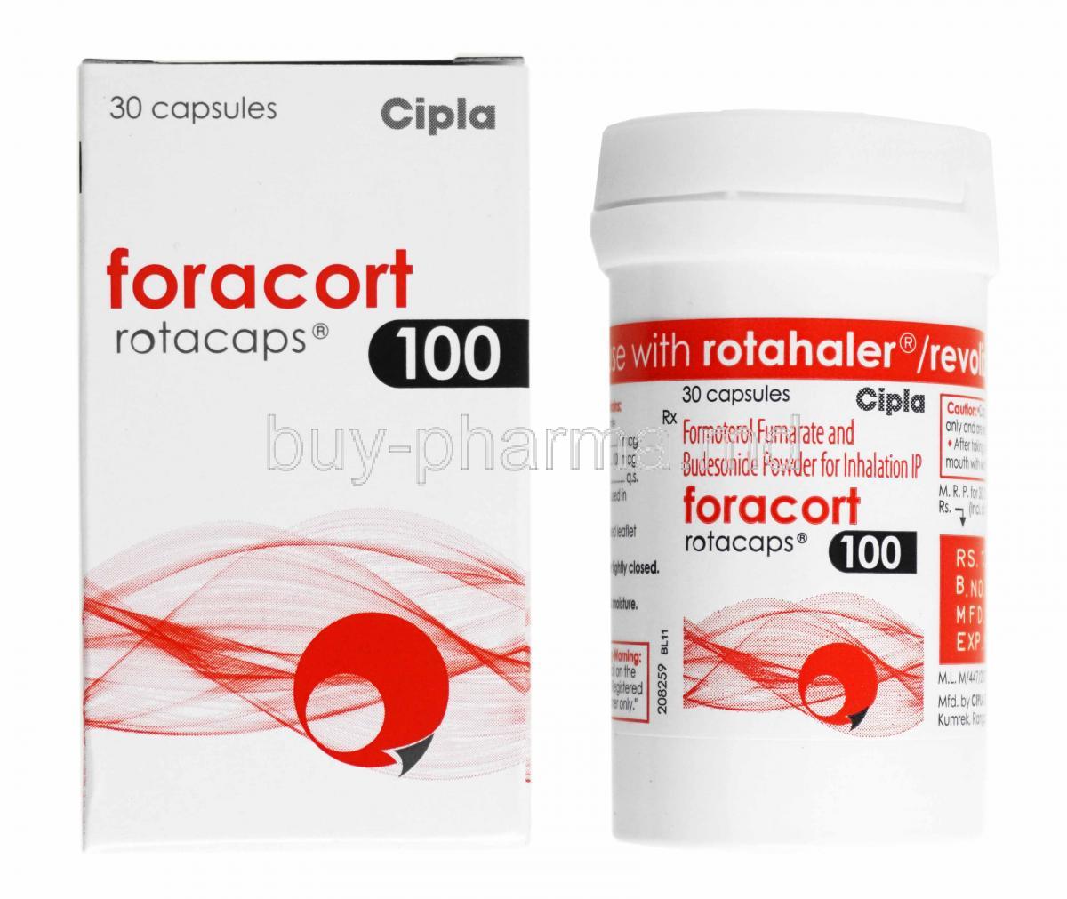 Foracort Rotacap, Formoterol Fumarate 6mcg and Budesonide 100mcg box and bottle