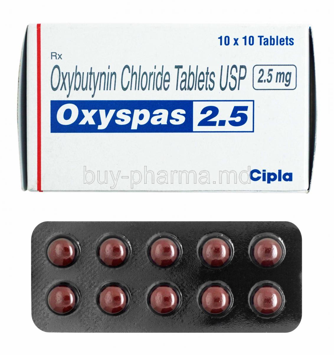 Oxyspas, Oxybutynin 2.5mg box and tablets