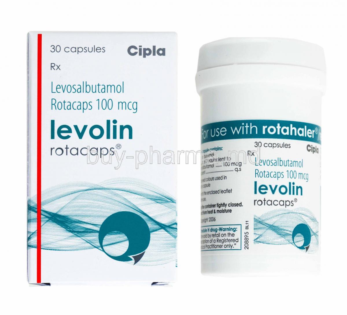 Levolin Rotacap, Levosalbutamol box and bottle