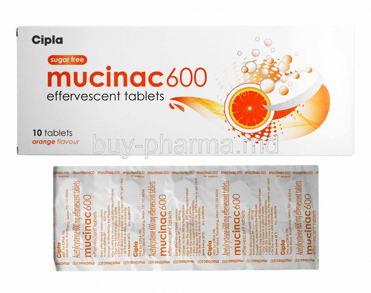 Mucinac Orange Flavour, Acetylcysteine box and tablets