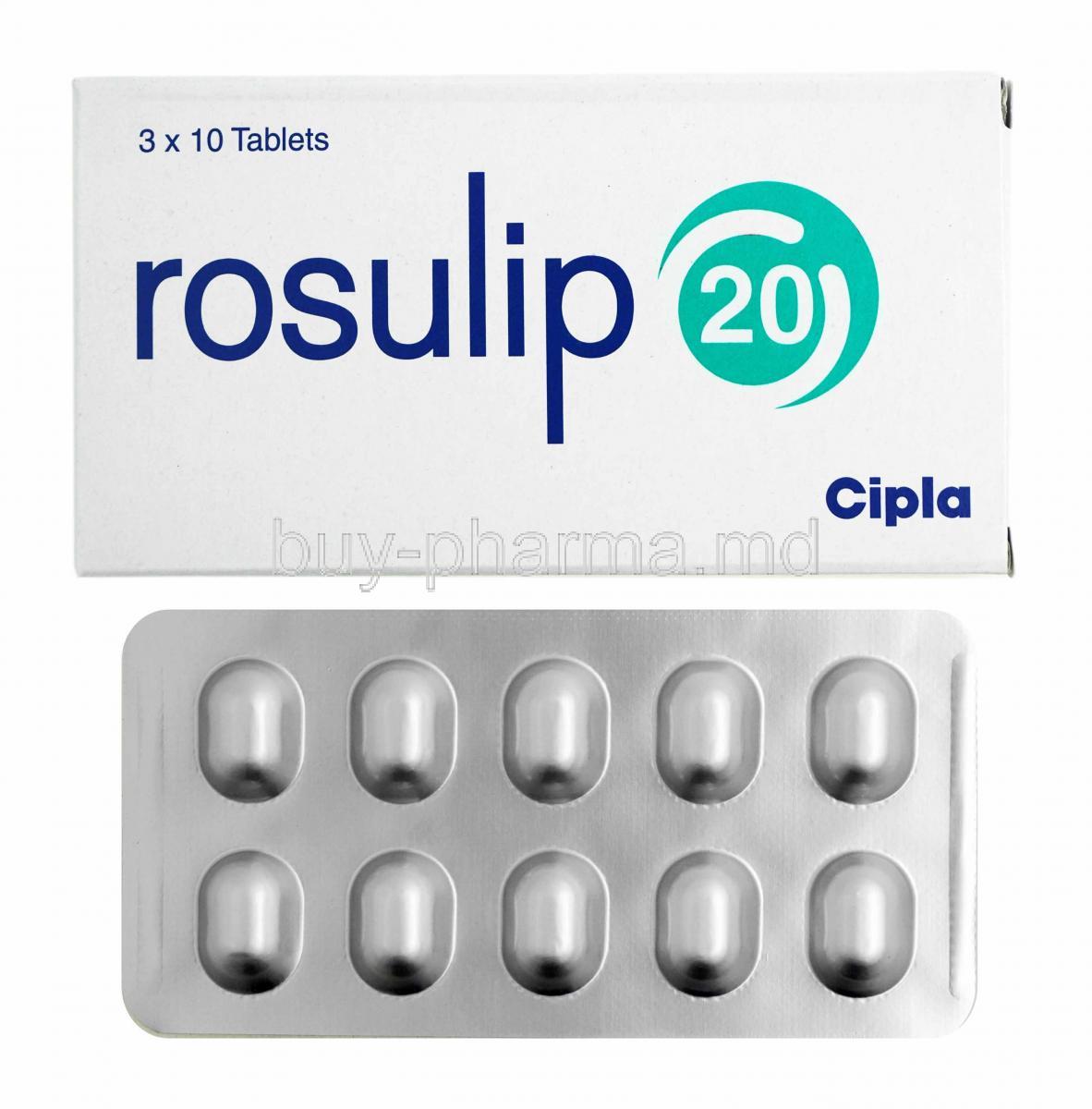 Rosulip, Rosuvastatin 20mg box and tablets