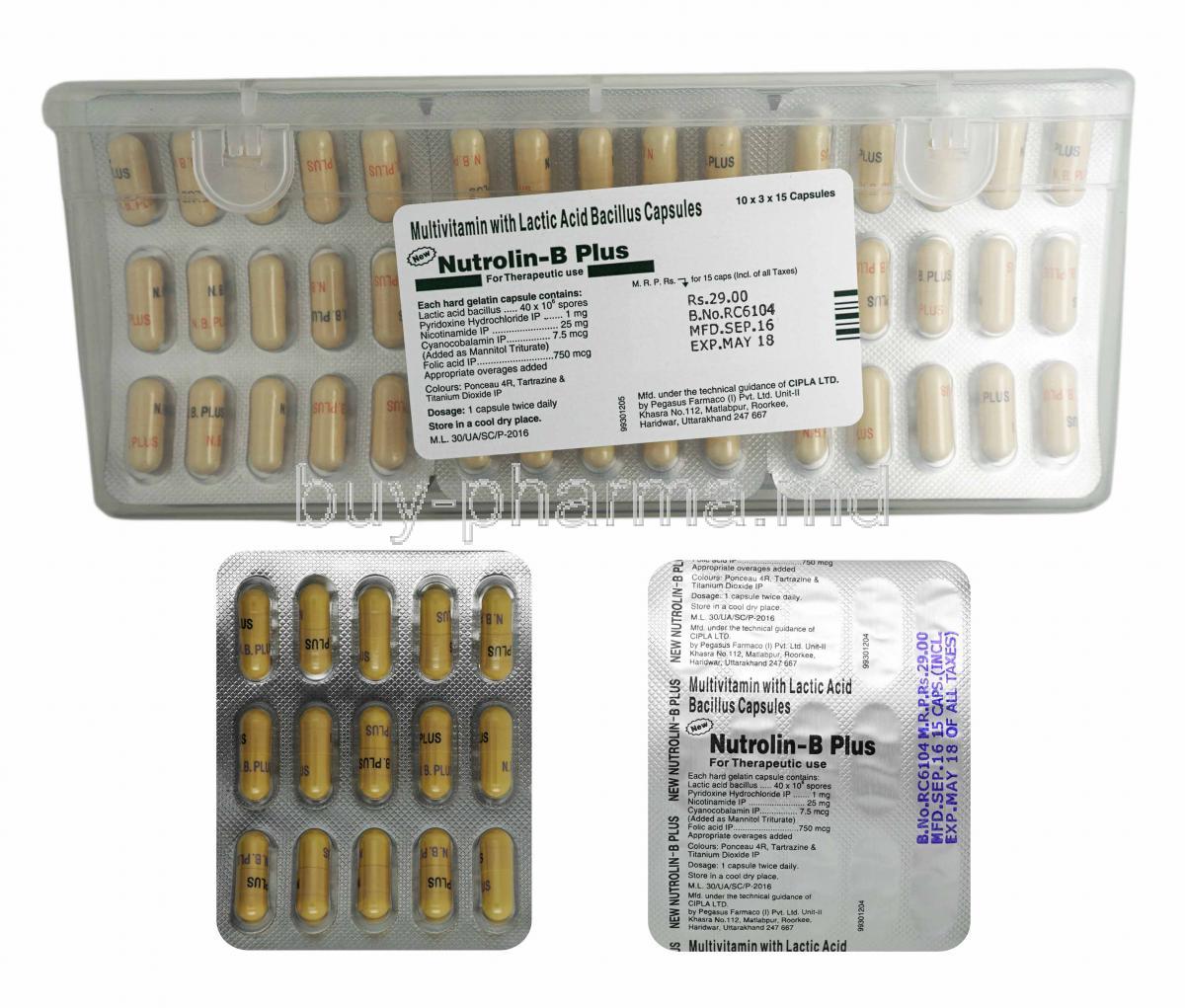 购买乳酸芽孢杆菌/盐酸吡哆醇/烟酰胺/氰钴胺素胶囊( Nutrolin-b Plus （lactic Acid Bacillus/  Pyridoxine Hydrochloride/ Nicotinamide/ Cyanocobalamin） ) Online -  buy-pharma.md