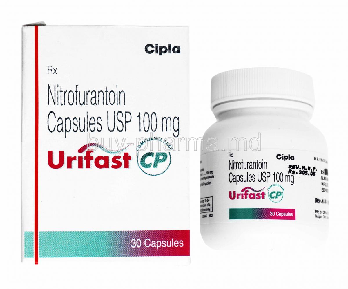 Urifast CP, Nitrofurantoin box and bottle