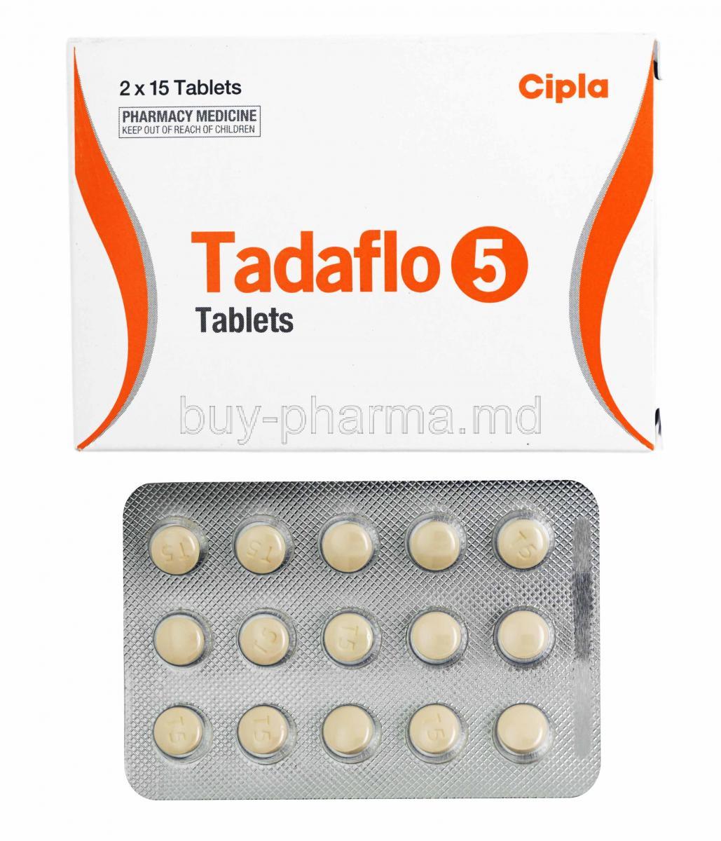 Tadaflo, Tadalafil 5mg box and tablets