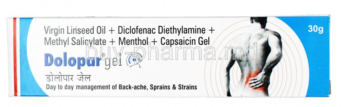 Dolopar Gel, Diclofenac 1.16% + Linseed Oil 3% + Menthol 5%  + Methyl Salicylate 10%, Tube, 30gm, Box