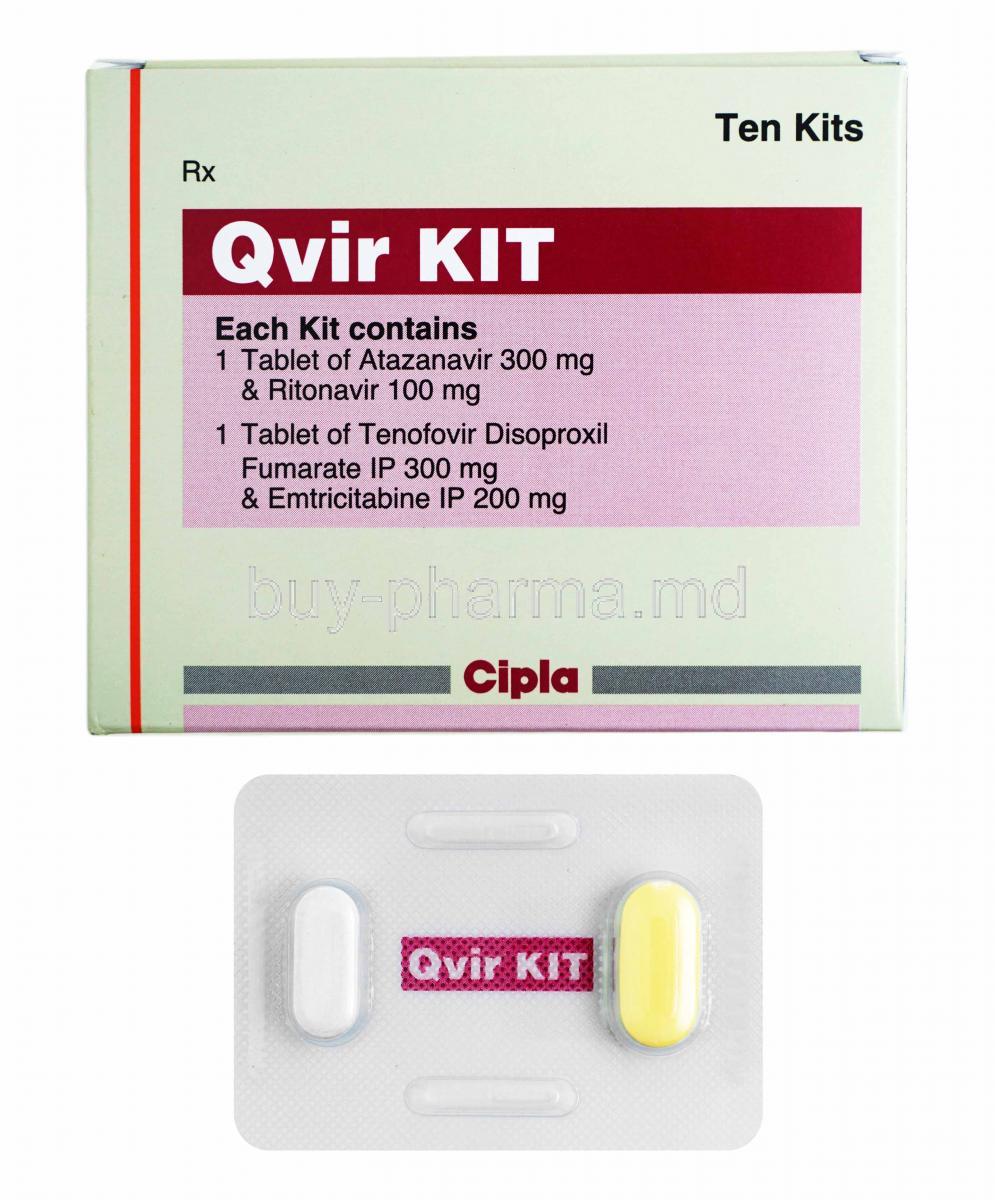 Qvir Kit, Tenofovir disoproxil fumarate, Emtricitabine, Atazanavir and Ritonavir box and tablets