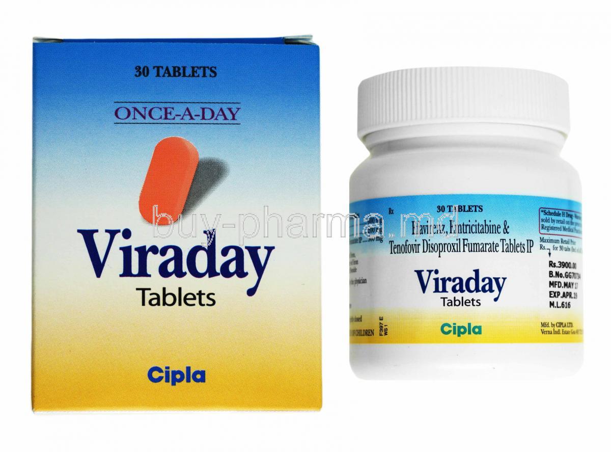 Viraday, Emtricitabine, Tenofovir and Efavirenz box and bottle