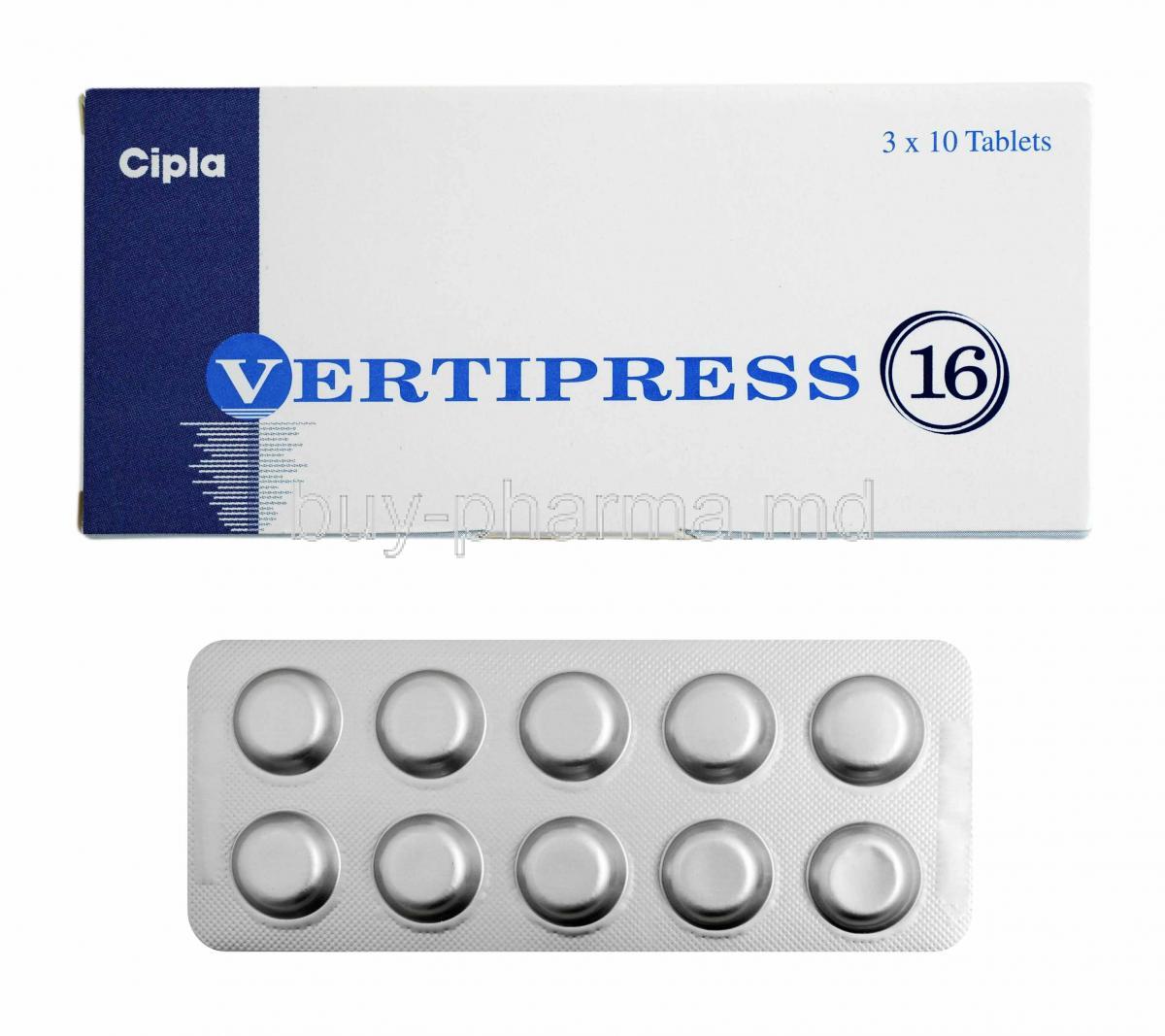 Vertipress, Betahistine 16mg box and tablets