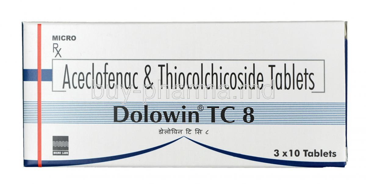 Dolowin TC, Aceclofenac 100mg + Thiocolchicoside 8mg, Tablet, Box