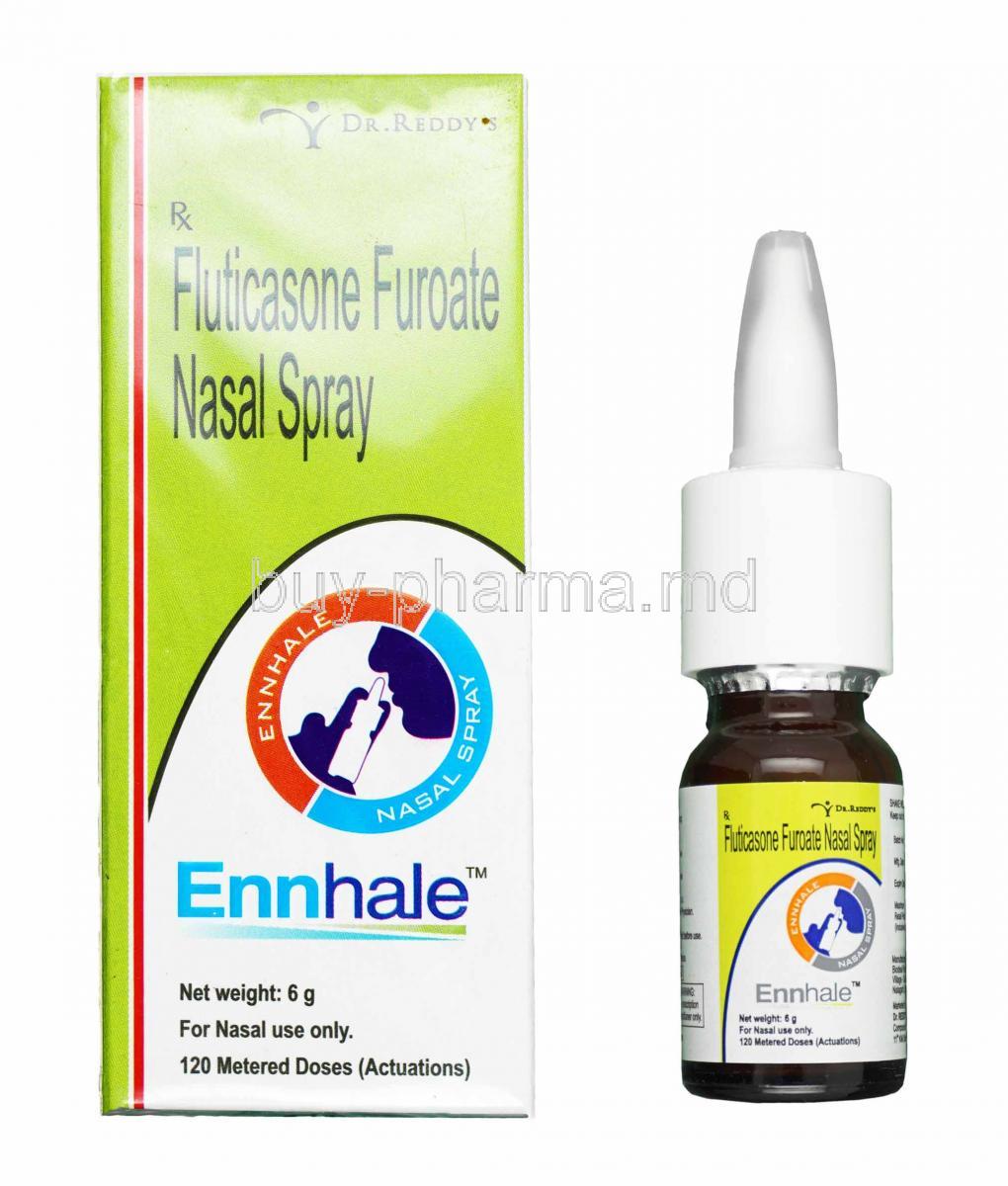 Ennhale Nasal Spray, Fluticasone Furoate box and bottle