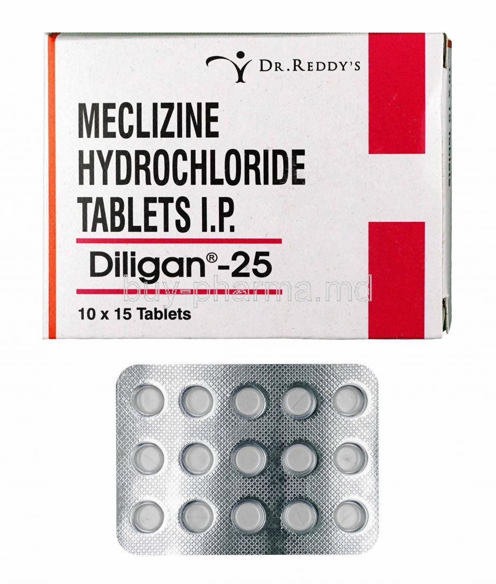 Diligan, Meclizine 25mg box and tablets