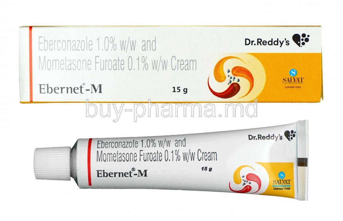 Ebernet-M Cream, Eberconazole and Mometasone box and tube