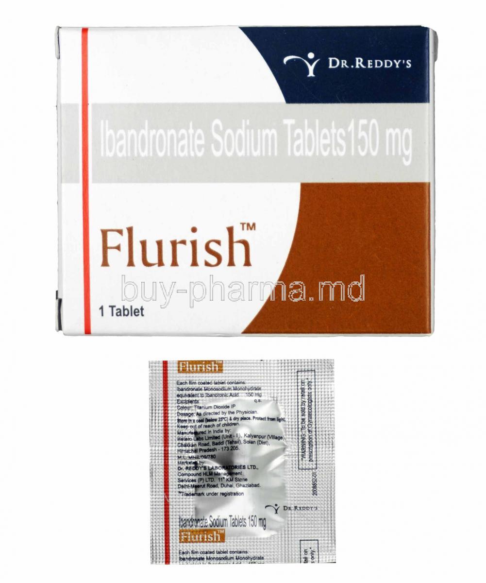 Flurish, Ibandronic Acid 150mg box and tablet